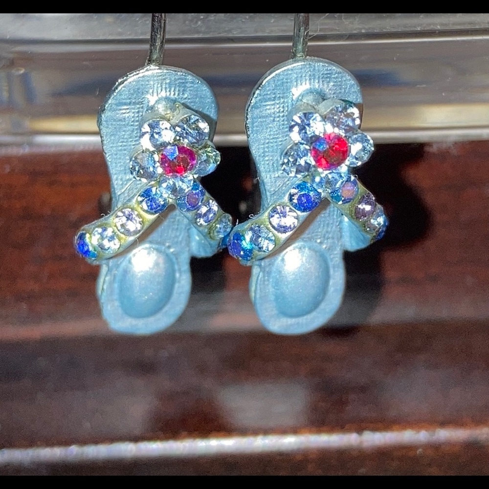 Blue jeweled flip flop earrings